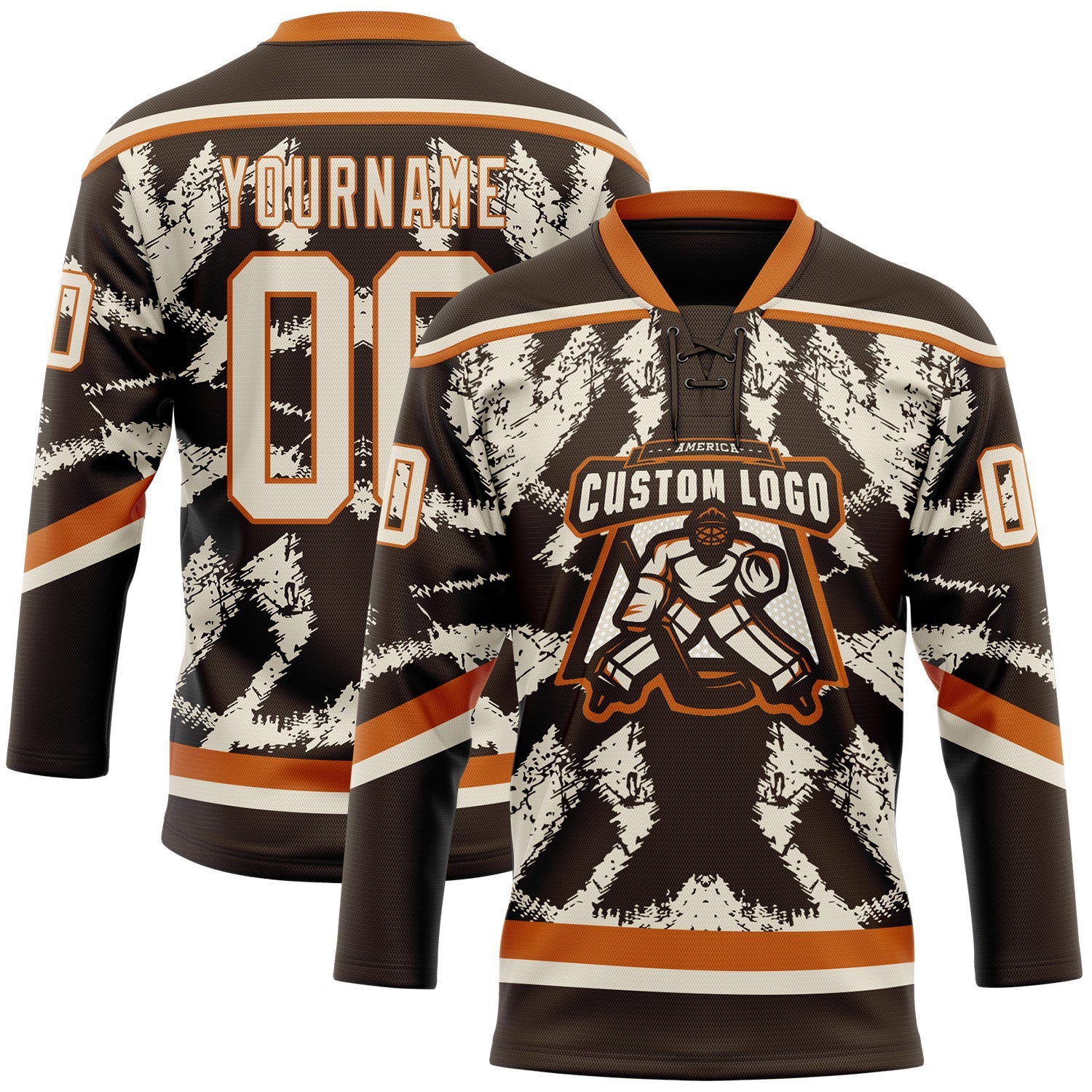 Custom Brown Cream-Texas Orange Tribal Indigenous Grunge Splash Hockey Lace Neck Jersey view 2