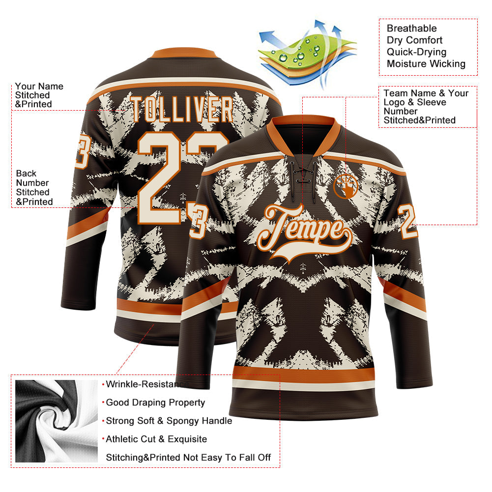 Custom Brown Cream-Texas Orange Tribal Indigenous Grunge Splash Hockey Lace Neck Jersey view 5