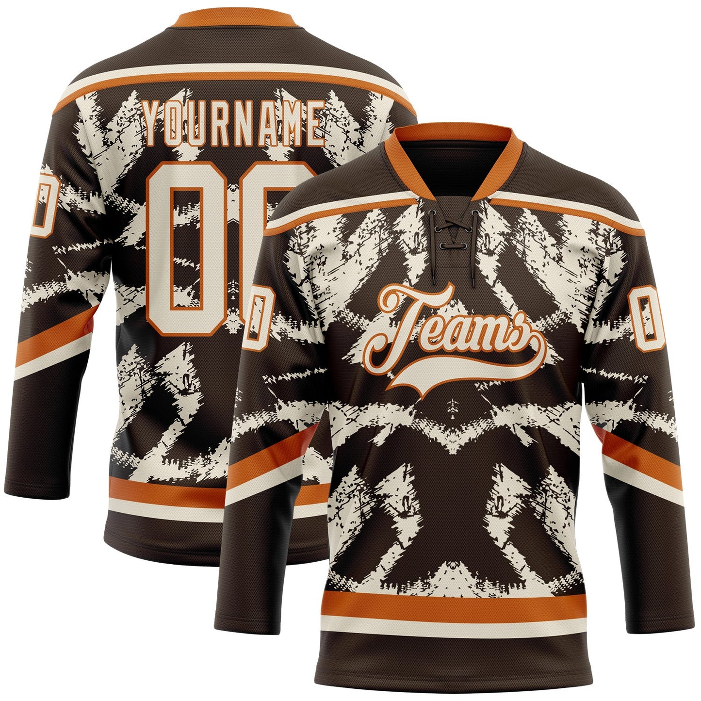 Custom Brown Cream-Texas Orange Tribal Indigenous Grunge Splash Hockey Lace Neck Jersey - Main View