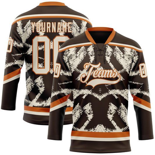 Custom Brown Cream-Texas Orange Tribal Indigenous Grunge Splash Hockey Lace Neck Jersey - Main View