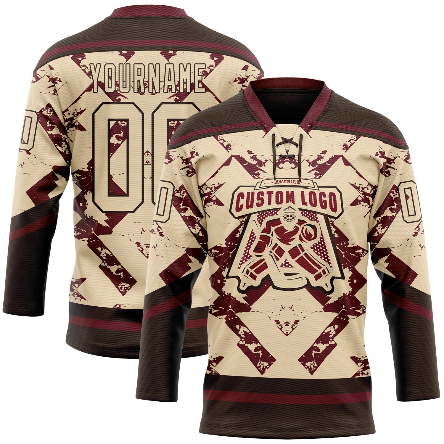 Custom City Cream Burgundy-Brown Tribal Indigenous Grunge Splash Hockey Lace Neck Jersey view 2