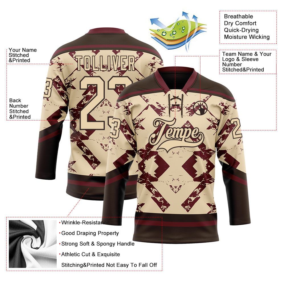 Custom City Cream Burgundy-Brown Tribal Indigenous Grunge Splash Hockey Lace Neck Jersey view 5