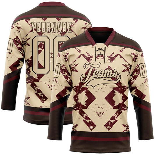 Custom City Cream Burgundy-Brown Tribal Indigenous Grunge Splash Hockey Lace Neck Jersey - Main View