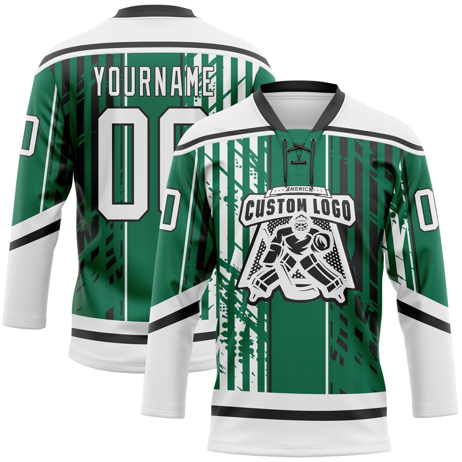 Custom Kelly Green White-Black Abstract Dallas Inspired Grunge Stripe Hockey Lace Neck Jersey view 2