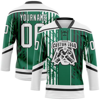 Custom Kelly Green White-Black Abstract Dallas Inspired Grunge Stripe Hockey Lace Neck Jersey view 2