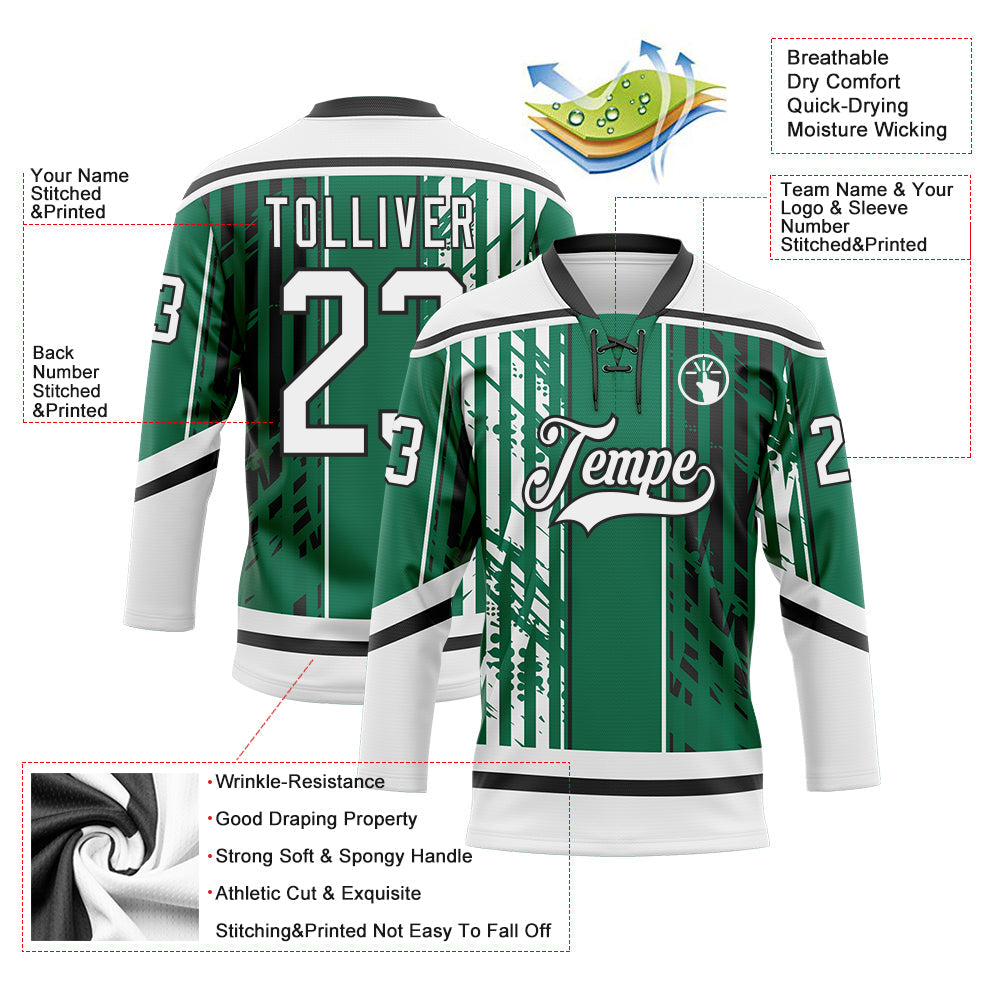 Custom Kelly Green White-Black Abstract Dallas Inspired Grunge Stripe Hockey Lace Neck Jersey view 5