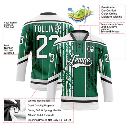 Custom Kelly Green White-Black Abstract Dallas Inspired Grunge Stripe Hockey Lace Neck Jersey view 5