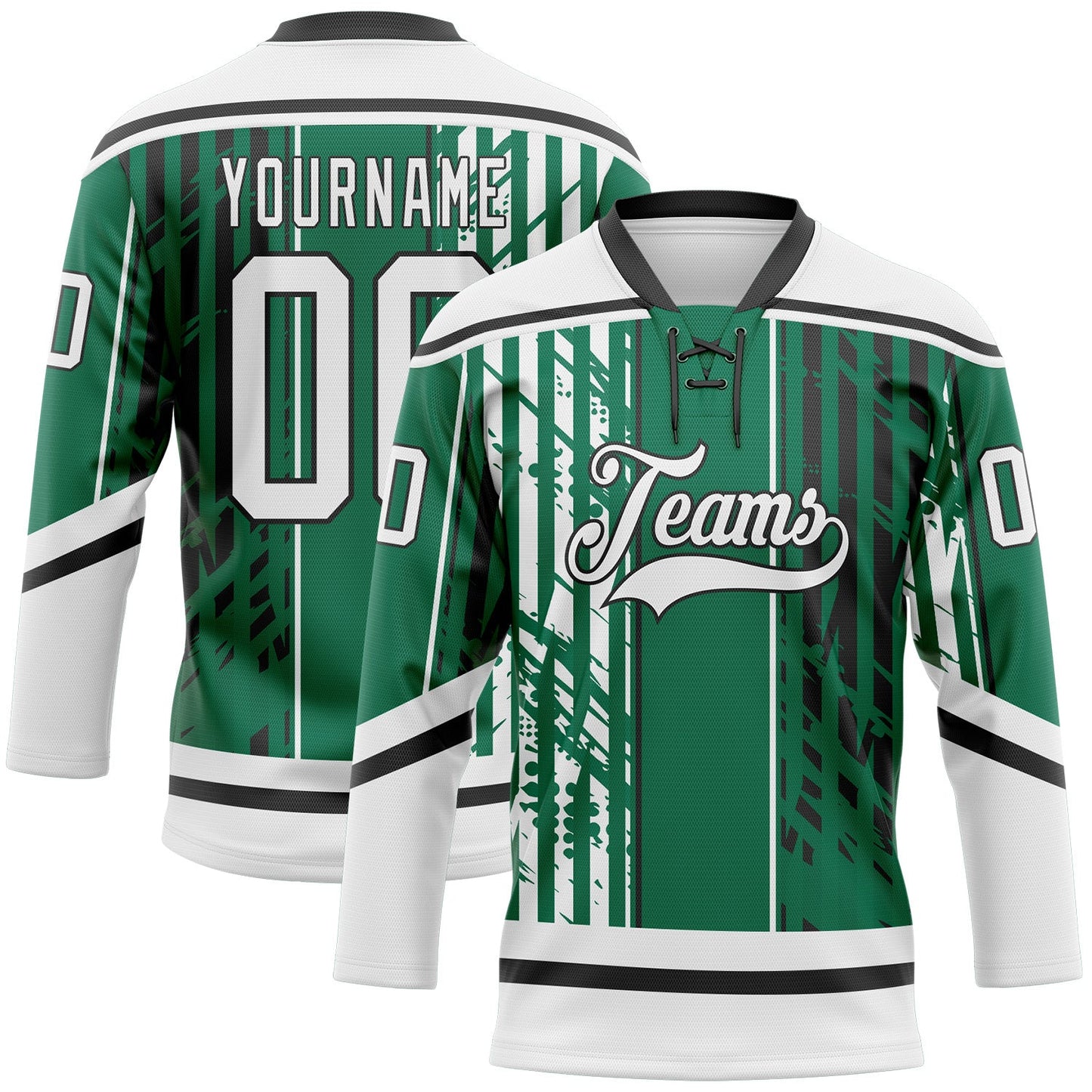 Custom Kelly Green White-Black Abstract Dallas Inspired Grunge Stripe Hockey Lace Neck Jersey - Main View