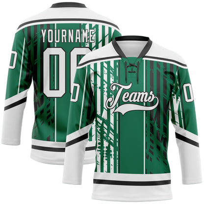 Custom Kelly Green White-Black Abstract Dallas Inspired Grunge Stripe Hockey Lace Neck Jersey - Main View