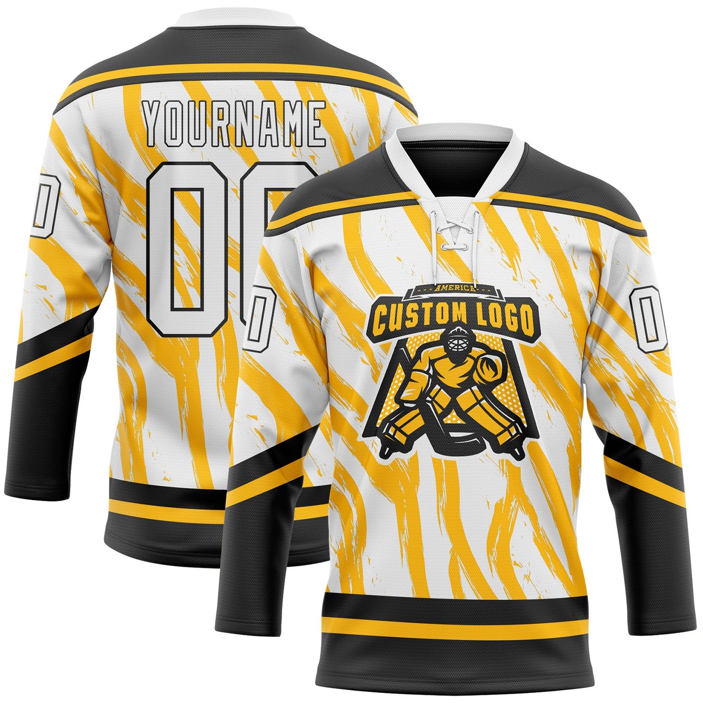 Custom White Gold-Black Abstract Boston Inspired Fluid Hockey Lace Neck Jersey view 2