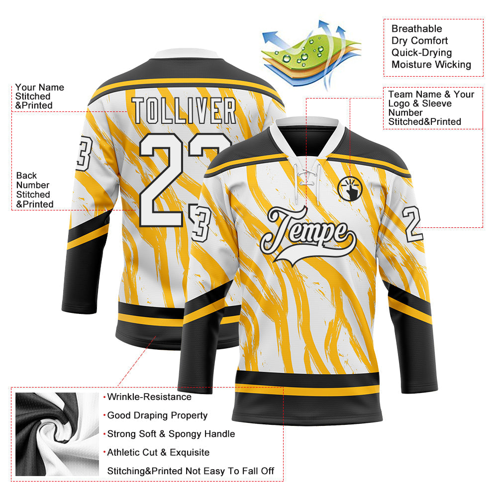 Custom White Gold-Black Abstract Boston Inspired Fluid Hockey Lace Neck Jersey view 5