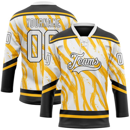 Custom White Gold-Black Abstract Boston Inspired Fluid Hockey Lace Neck Jersey - Main View