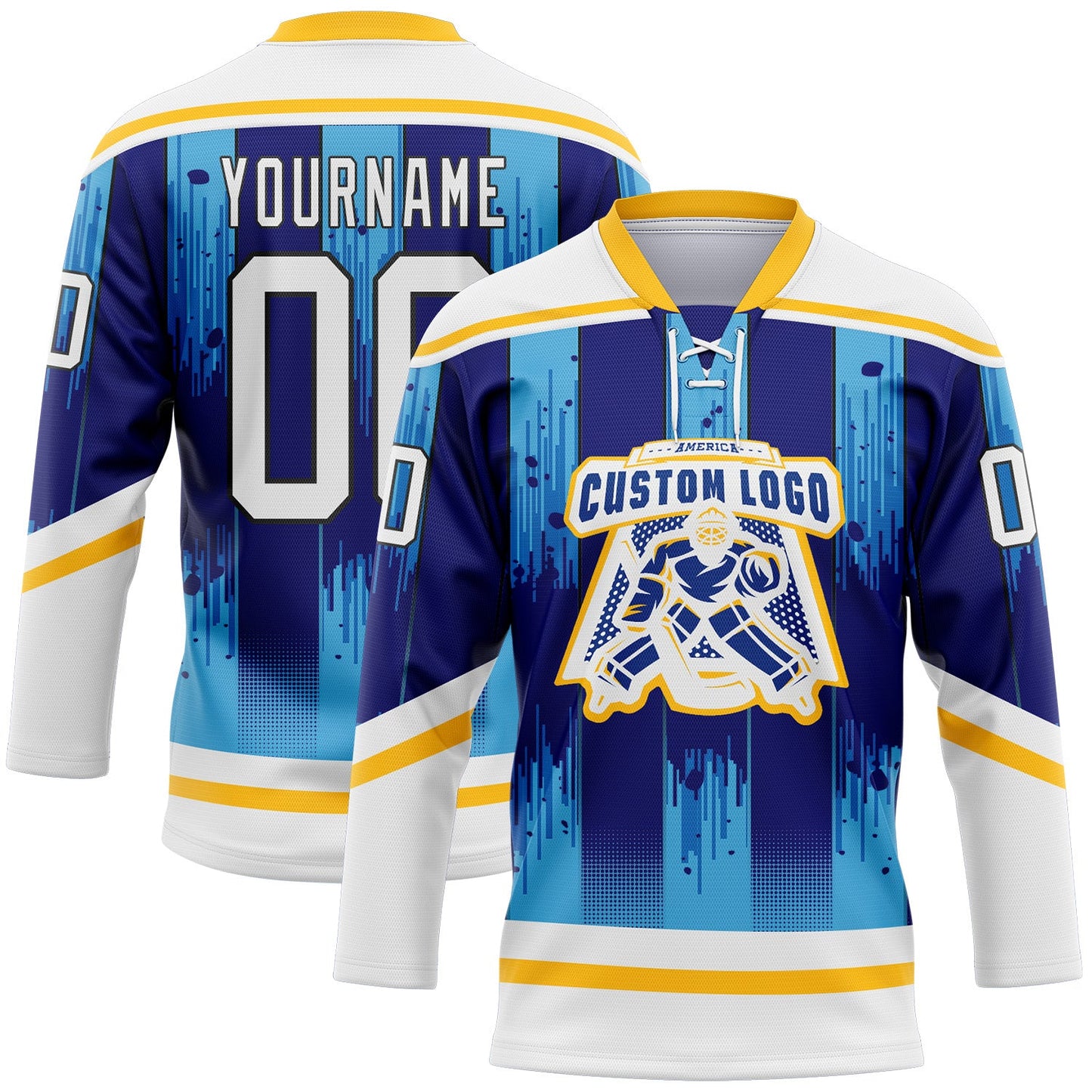 Custom White Blue Gold-Black Abstract Buffalo Inspired Stripe Hockey Lace Neck Jersey view 2