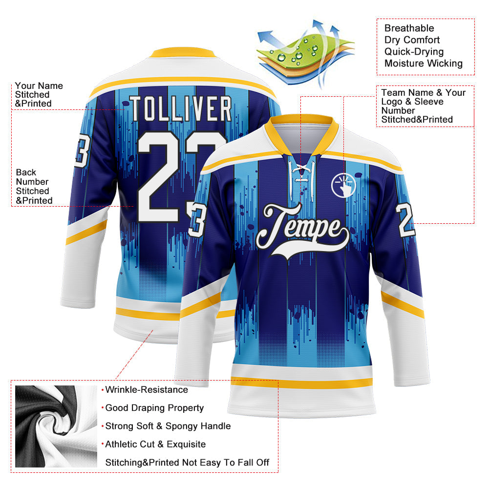 Custom White Blue Gold-Black Abstract Buffalo Inspired Stripe Hockey Lace Neck Jersey view 5