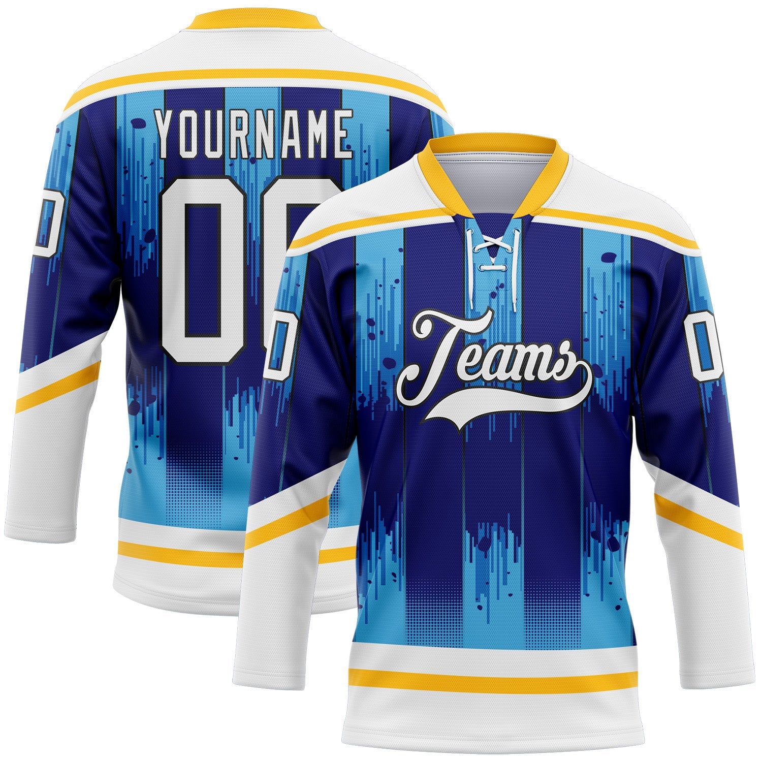 Custom White Blue Gold-Black Abstract Buffalo Inspired Stripe Hockey Lace Neck Jersey - Main View