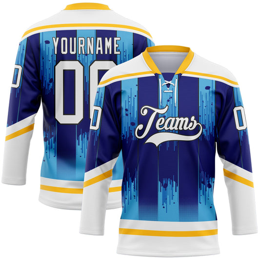 Custom White Blue Gold-Black Abstract Buffalo Inspired Stripe Hockey Lace Neck Jersey - Main View