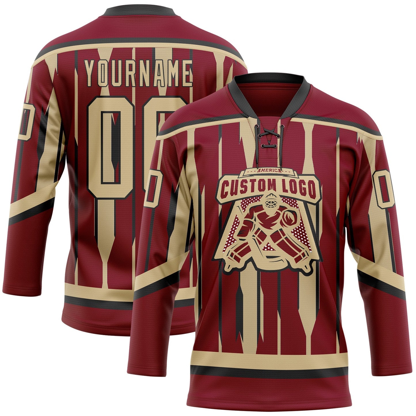 Custom Crimson Vegas Gold-Black Abstract Arizona Inspired Stripe Hockey Lace Neck Jersey view 2