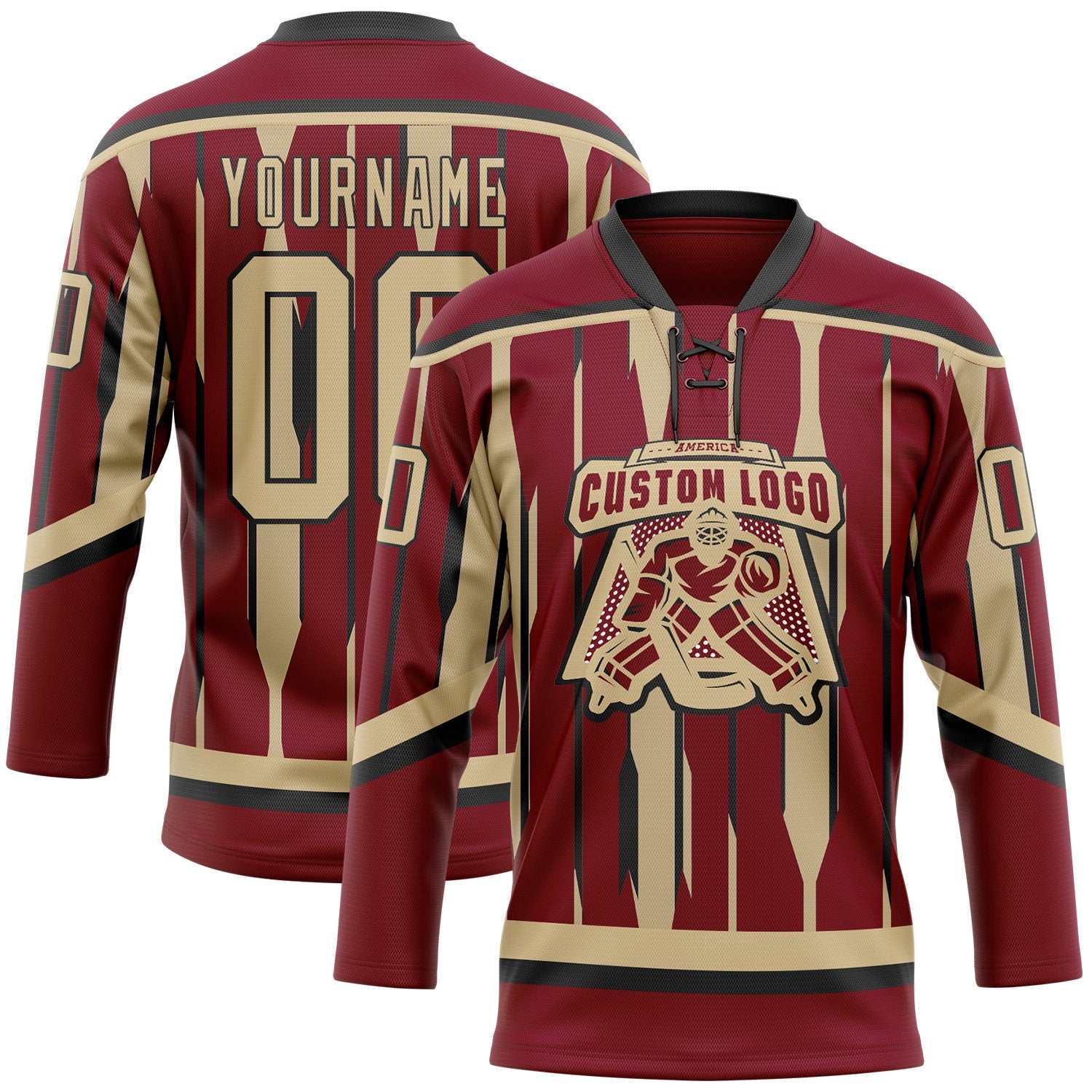 Custom Crimson Vegas Gold-Black Abstract Arizona Inspired Stripe Hockey Lace Neck Jersey view 2
