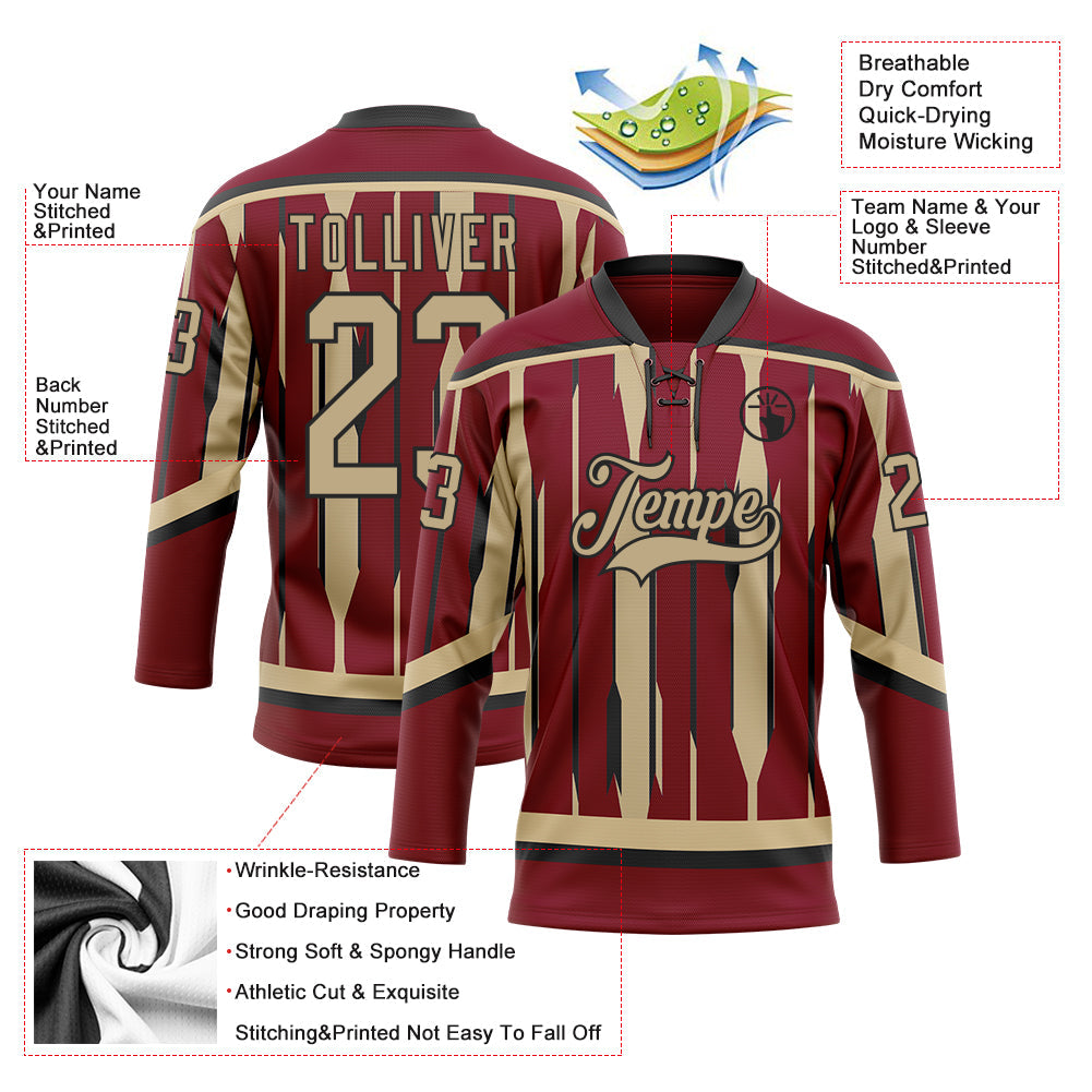 Custom Crimson Vegas Gold-Black Abstract Arizona Inspired Stripe Hockey Lace Neck Jersey view 5