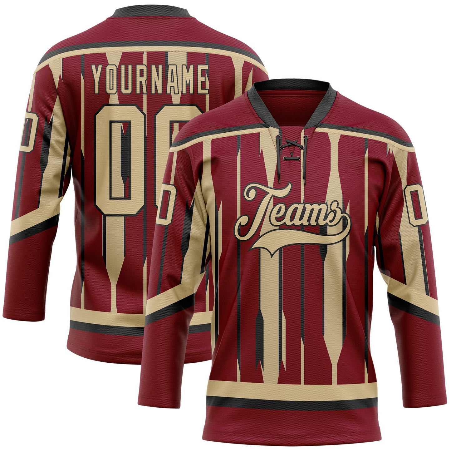 Custom Crimson Vegas Gold-Black Abstract Arizona Inspired Stripe Hockey Lace Neck Jersey - Main View