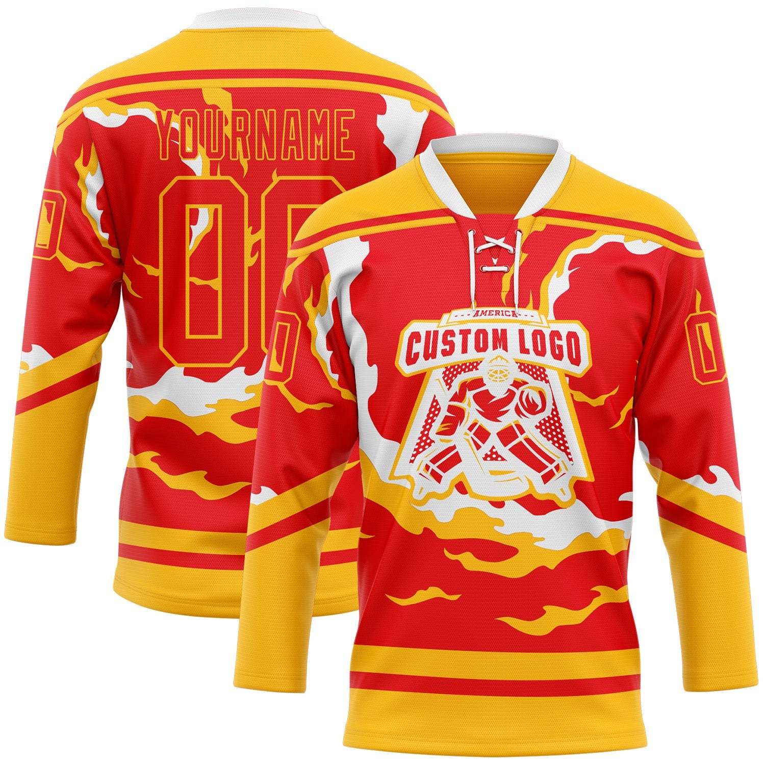 Custom Fire Red Gold-White Abstract Calgary Inspired Flame Hockey Lace Neck Jersey view 2