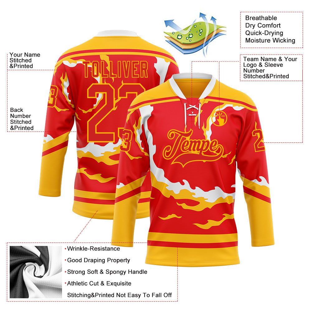 Custom Fire Red Gold-White Abstract Calgary Inspired Flame Hockey Lace Neck Jersey view 5