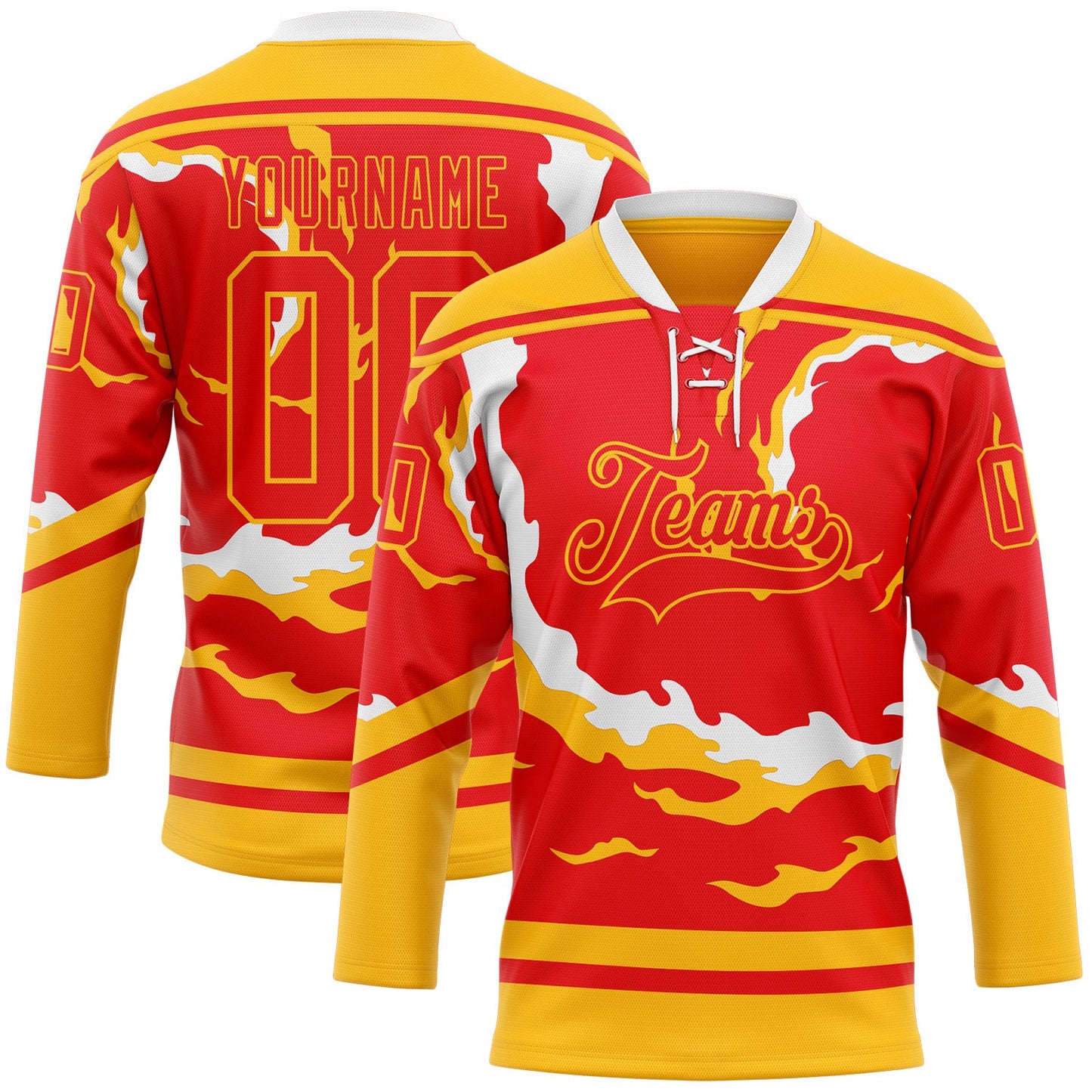 Custom Fire Red Gold-White Abstract Calgary Inspired Flame Hockey Lace Neck Jersey - Main View