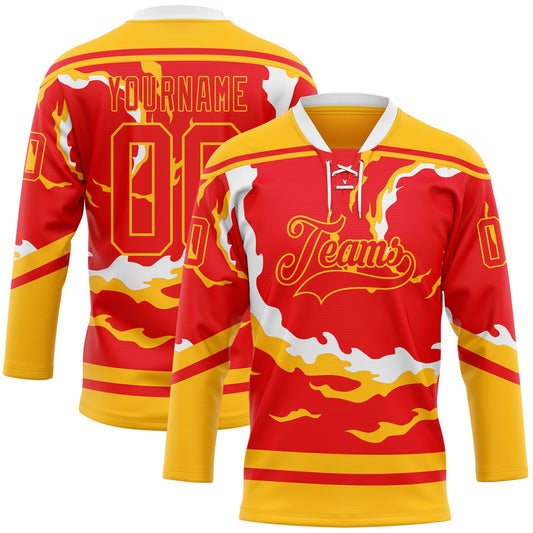 Custom Fire Red Gold-White Abstract Calgary Inspired Flame Hockey Lace Neck Jersey - Main View