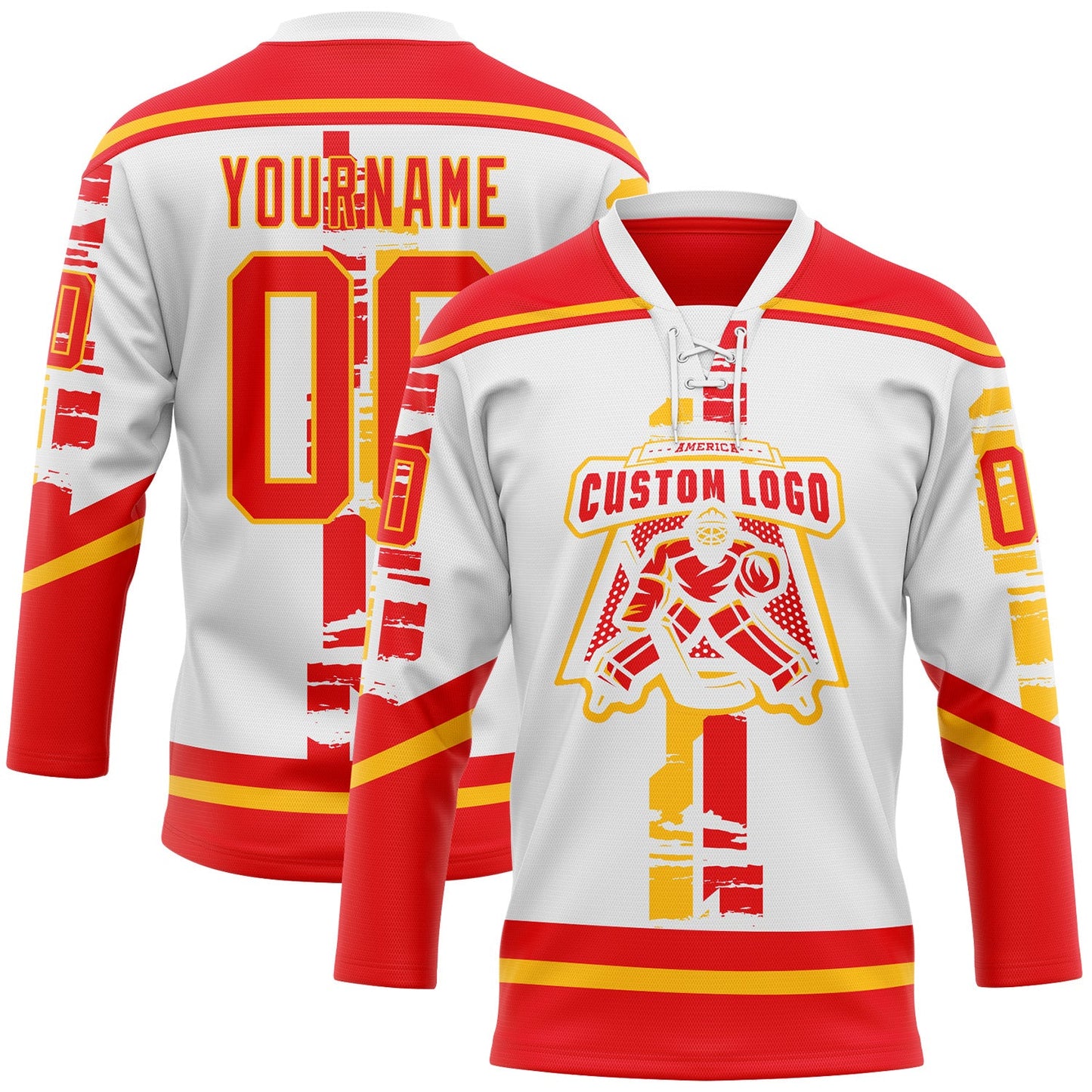 Custom White Fire Red-Gold Abstract Calgary Inspired Grunge Stripe Hockey Lace Neck Jersey view 2