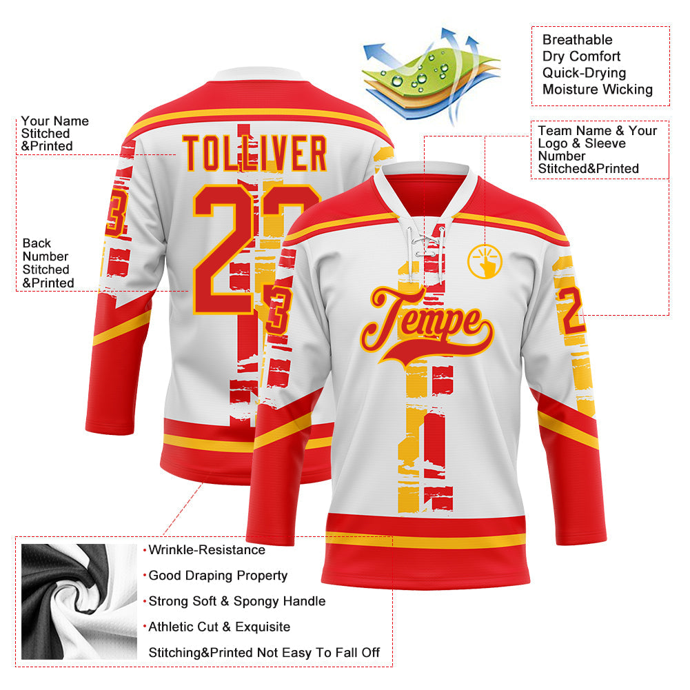 Custom White Fire Red-Gold Abstract Calgary Inspired Grunge Stripe Hockey Lace Neck Jersey view 5