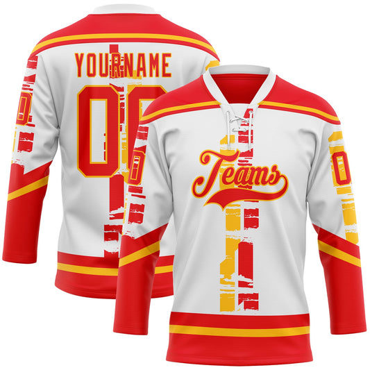 Custom White Fire Red-Gold Abstract Calgary Inspired Grunge Stripe Hockey Lace Neck Jersey - Main View