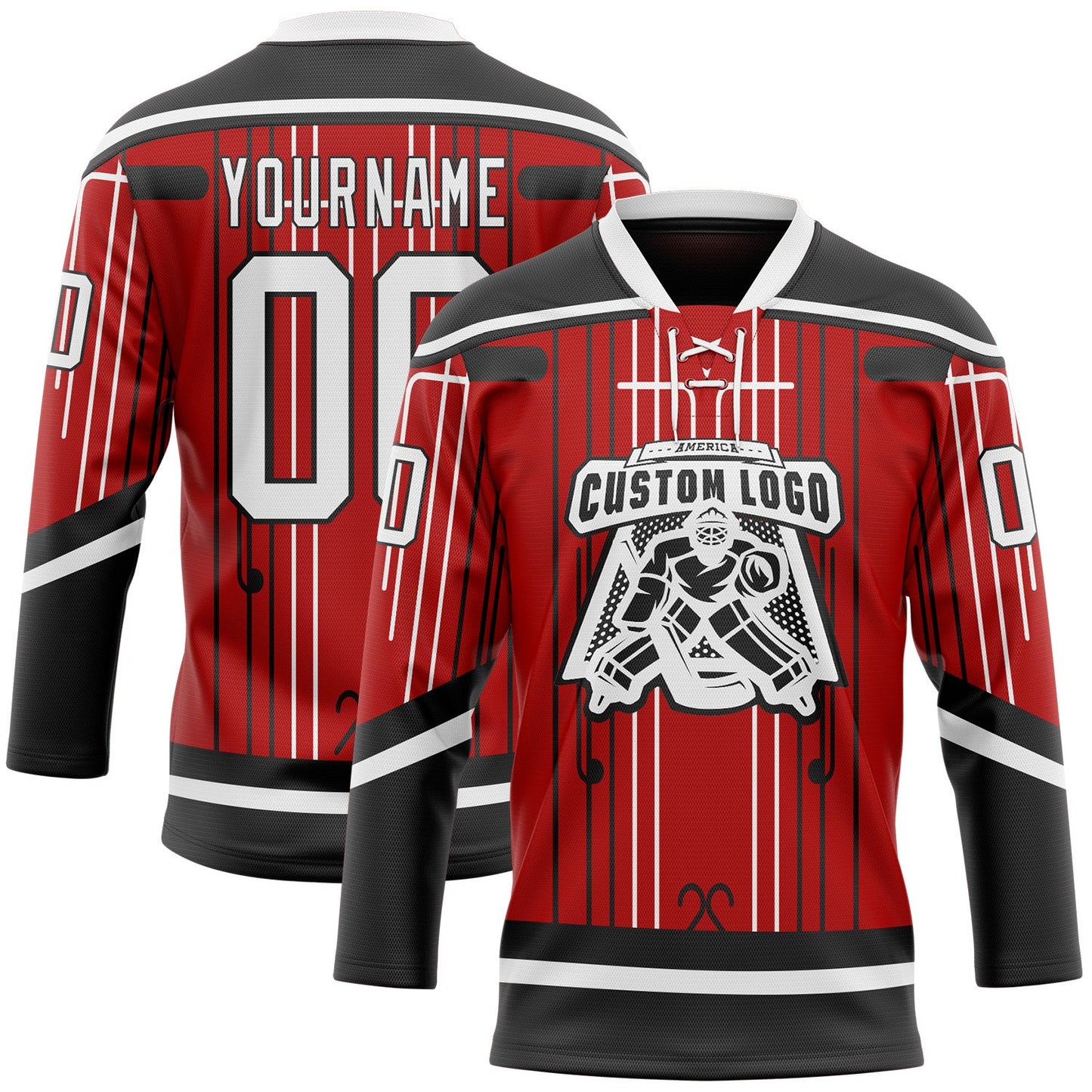 Custom Red White-Black Abstract Carolina Inspired Line Hockey Lace Neck Jersey view 2