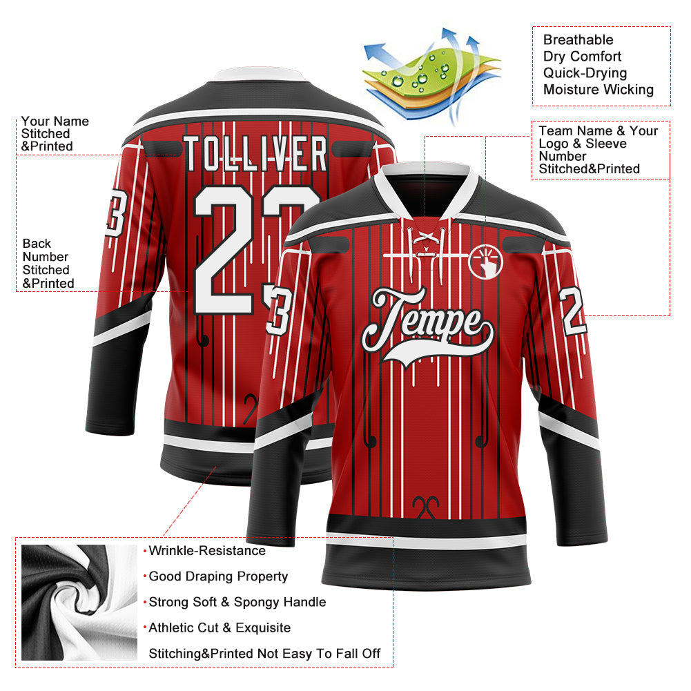 Custom Red White-Black Abstract Carolina Inspired Line Hockey Lace Neck Jersey view 5
