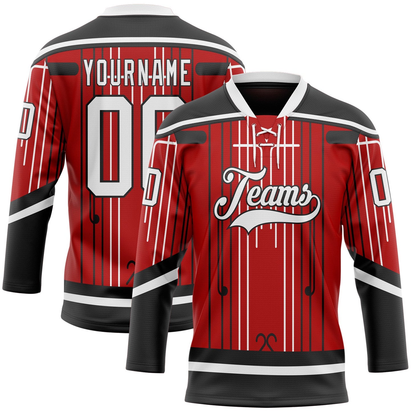 Custom Red White-Black Abstract Carolina Inspired Line Hockey Lace Neck Jersey - Main View