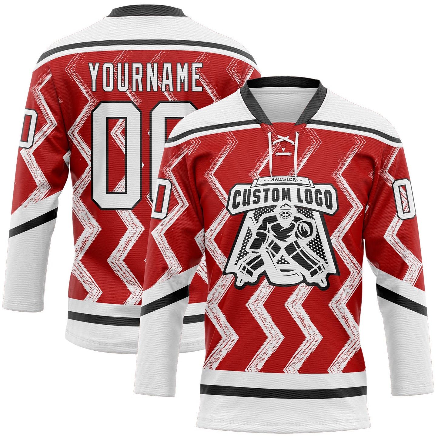 Custom Red White-Black Abstract Chicago Inspired Zigzag Hockey Lace Neck Jersey view 2