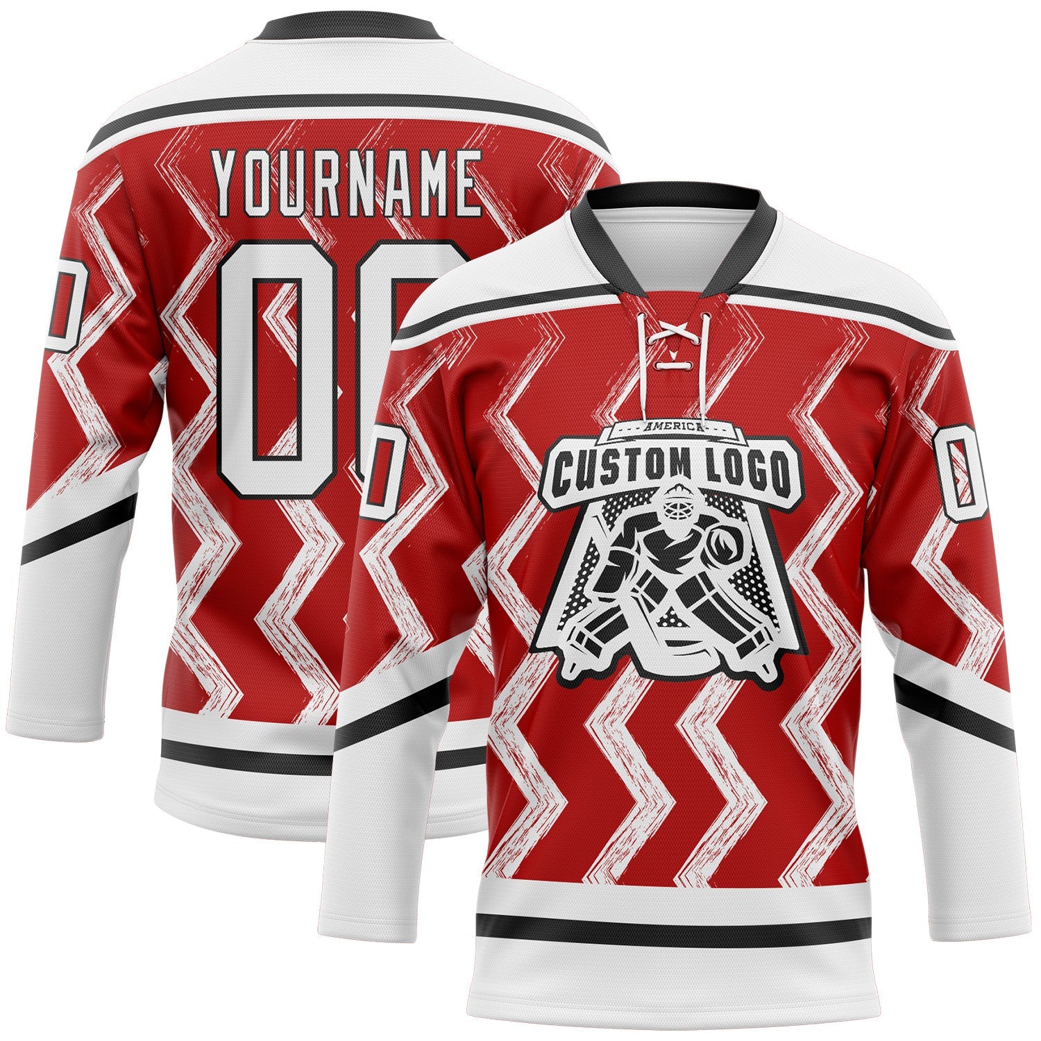 Custom Red White-Black Abstract Chicago Inspired Zigzag Hockey Lace Neck Jersey view 2