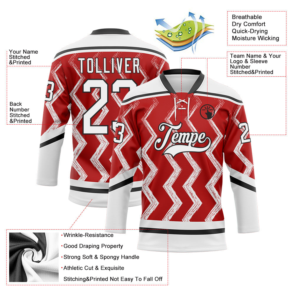 Custom Red White-Black Abstract Chicago Inspired Zigzag Hockey Lace Neck Jersey view 5