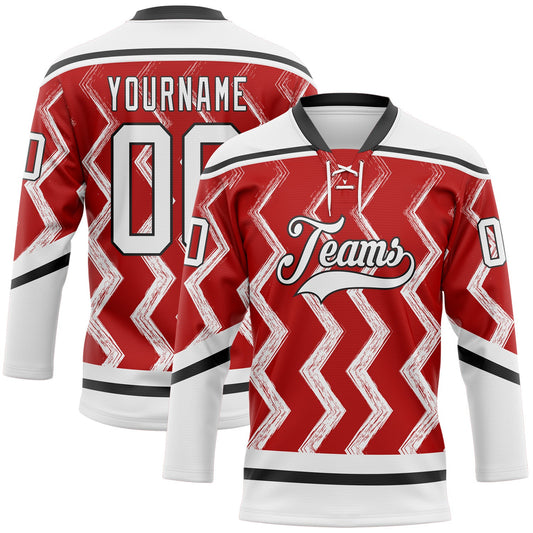 Custom Red White-Black Abstract Chicago Inspired Zigzag Hockey Lace Neck Jersey - Main View