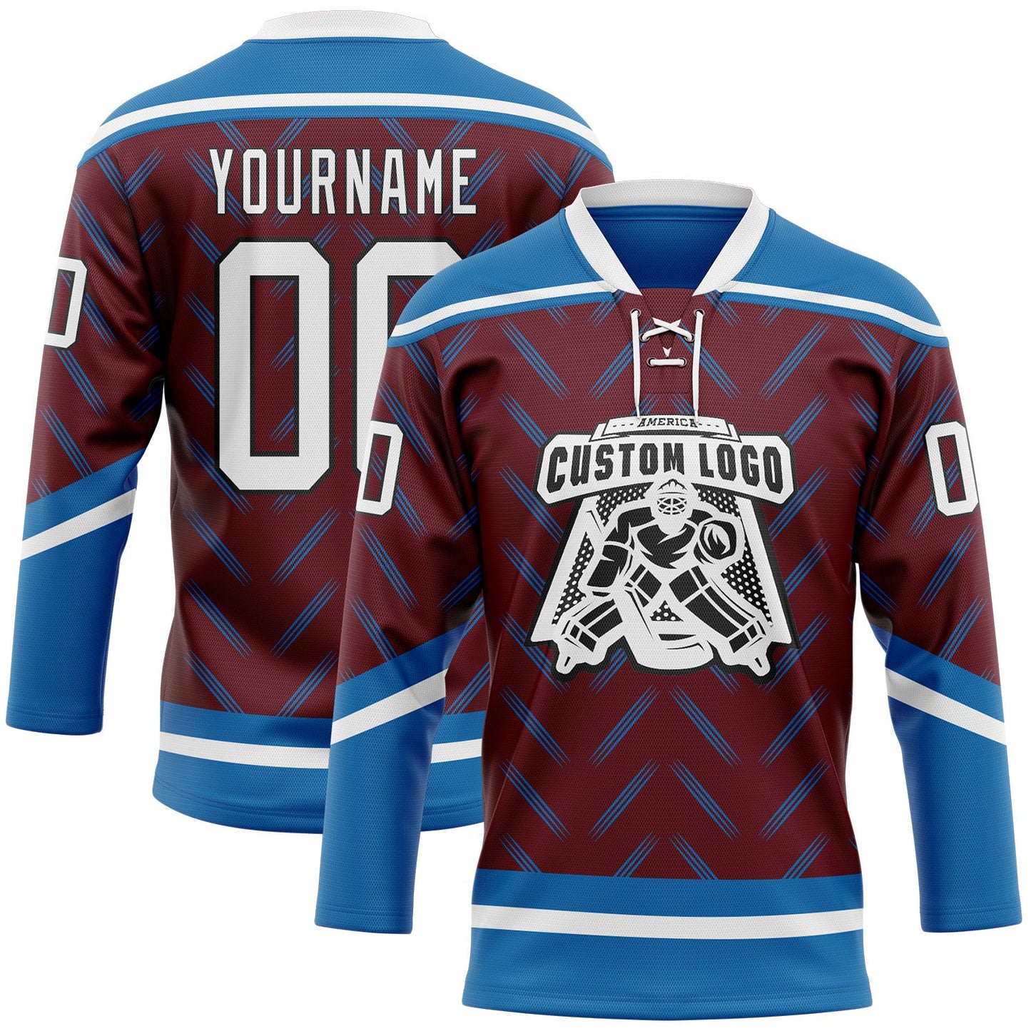 Custom Burgundy White Blue-Black Abstract Colorado Inspired Line Hockey Lace Neck Jersey view 2