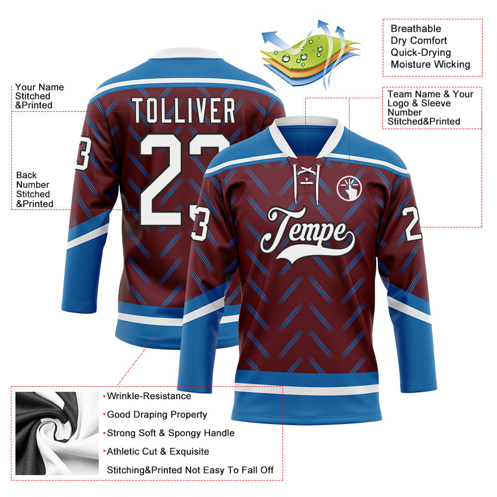 Custom Burgundy White Blue-Black Abstract Colorado Inspired Line Hockey Lace Neck Jersey view 5