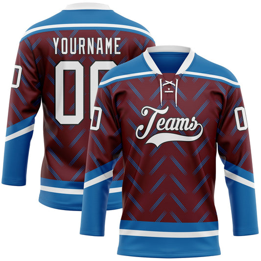 Custom Burgundy White Blue-Black Abstract Colorado Inspired Line Hockey Lace Neck Jersey - Main View