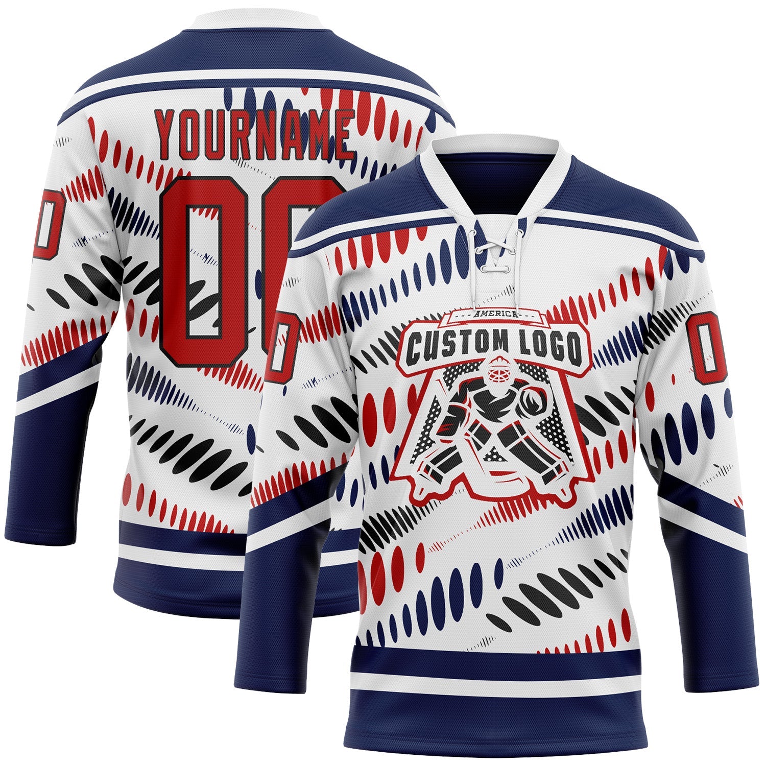 Custom White Red Navy-Black Abstract Columbus Inspired Round Hockey Lace Neck Jersey view 2