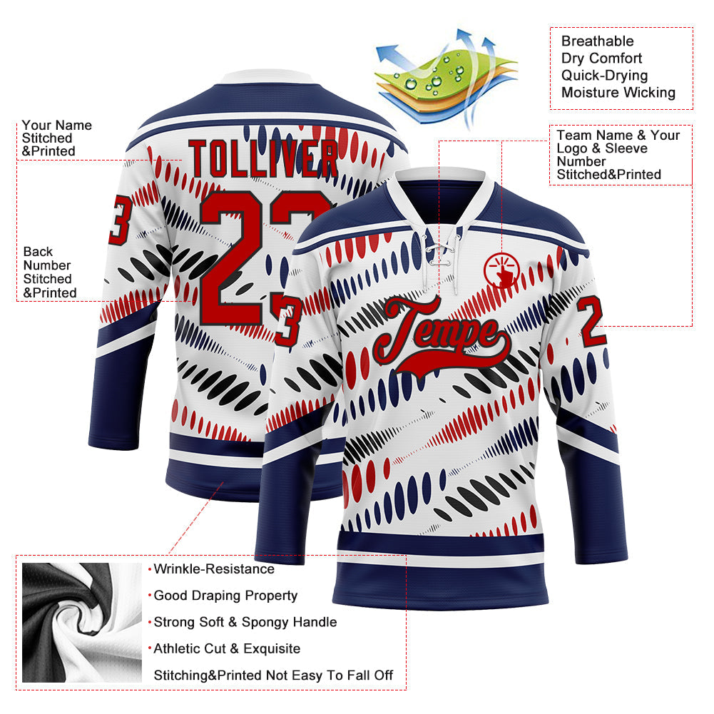 Custom White Red Navy-Black Abstract Columbus Inspired Round Hockey Lace Neck Jersey view 5