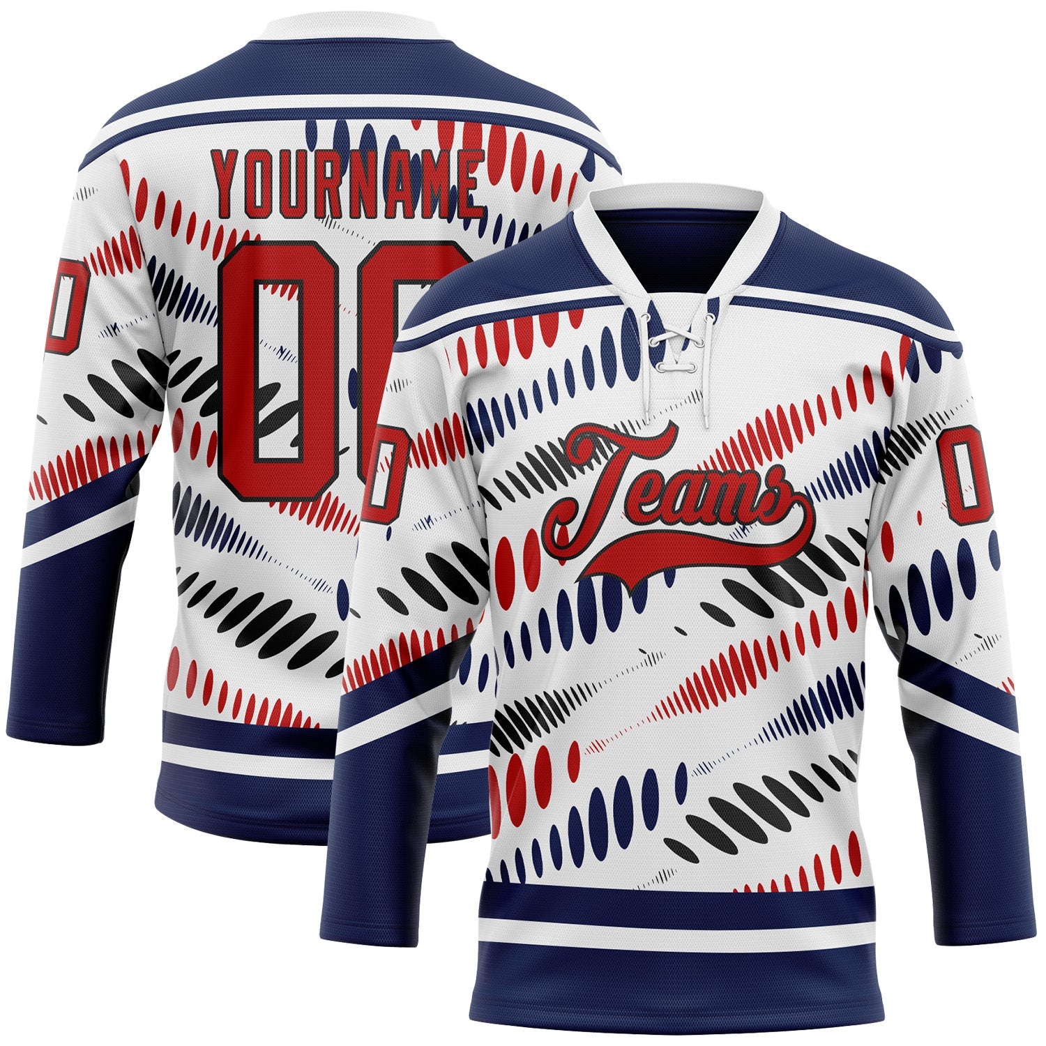 Custom White Red Navy-Black Abstract Columbus Inspired Round Hockey Lace Neck Jersey - Main View