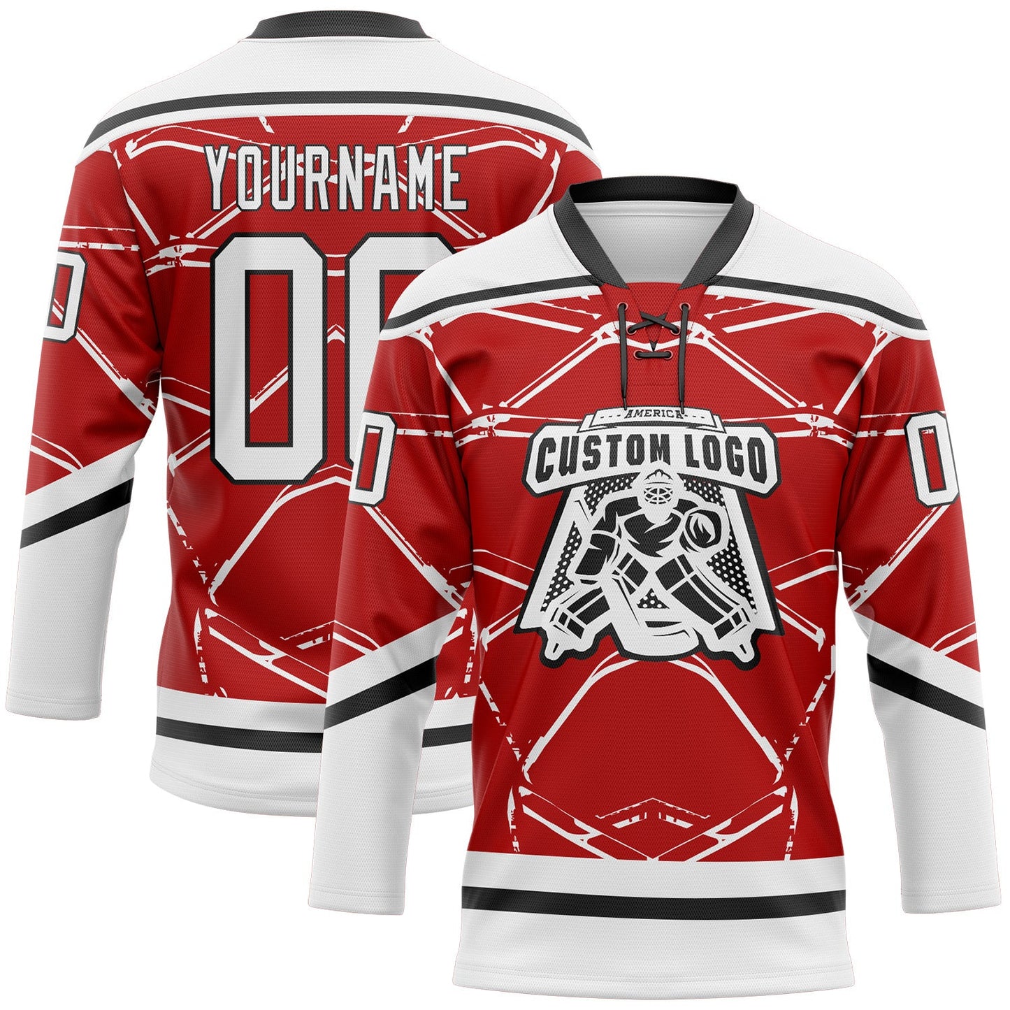 Custom Red White-Black Abstract Detroit Inspired Line Hockey Lace Neck Jersey view 2