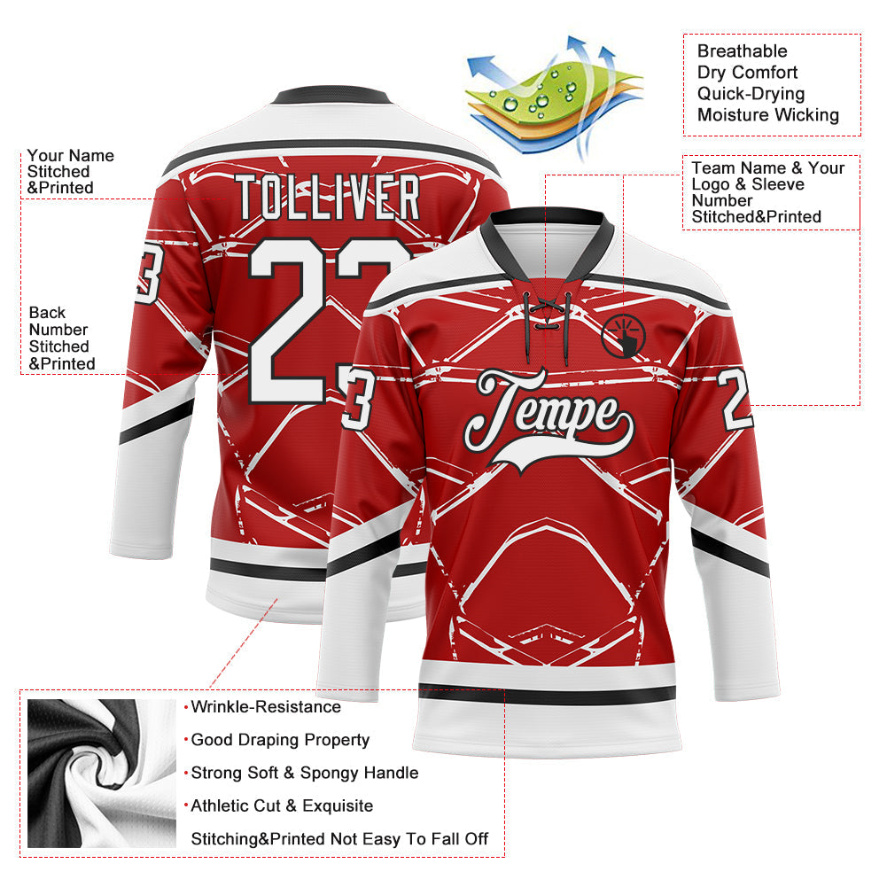 Custom Red White-Black Abstract Detroit Inspired Line Hockey Lace Neck Jersey view 5