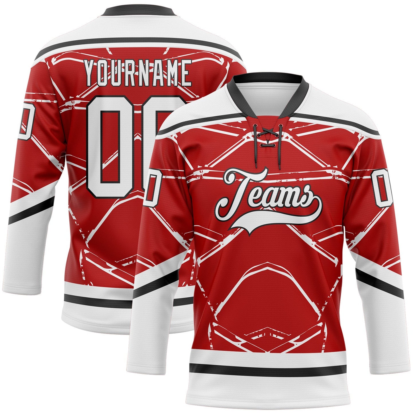 Custom Red White-Black Abstract Detroit Inspired Line Hockey Lace Neck Jersey - Main View