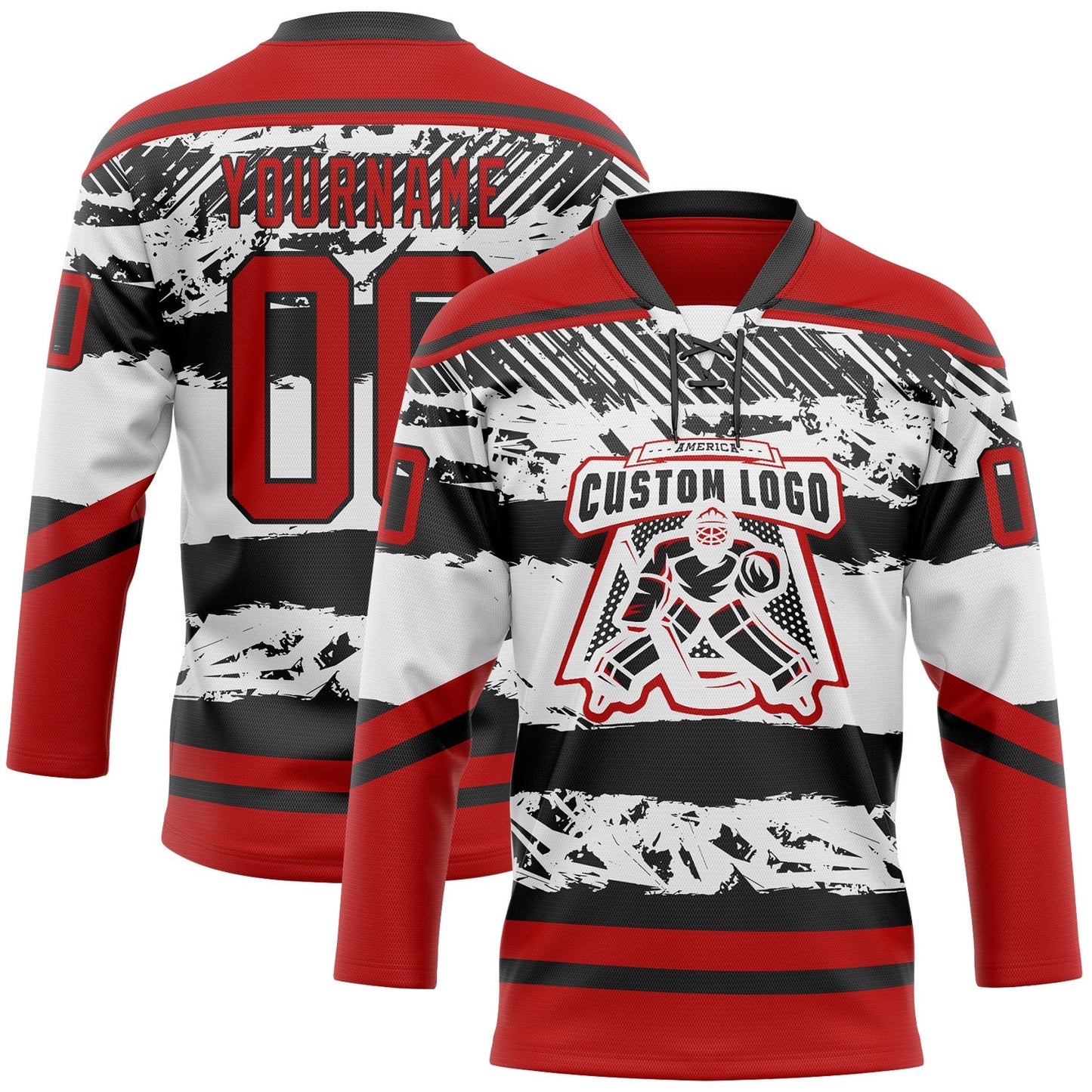 Custom White Red-Black Abstract Detroit Inspired Line Hockey Lace Neck Jersey view 2