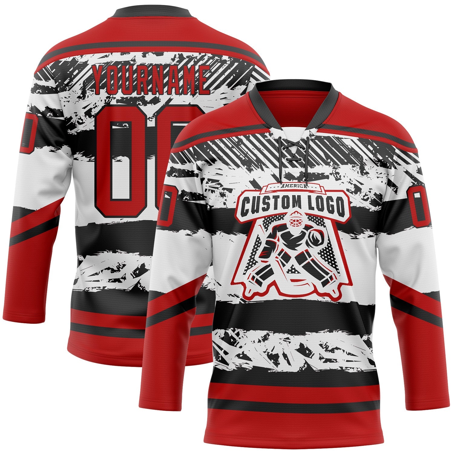 Custom White Red-Black Abstract Detroit Inspired Line Hockey Lace Neck Jersey view 2