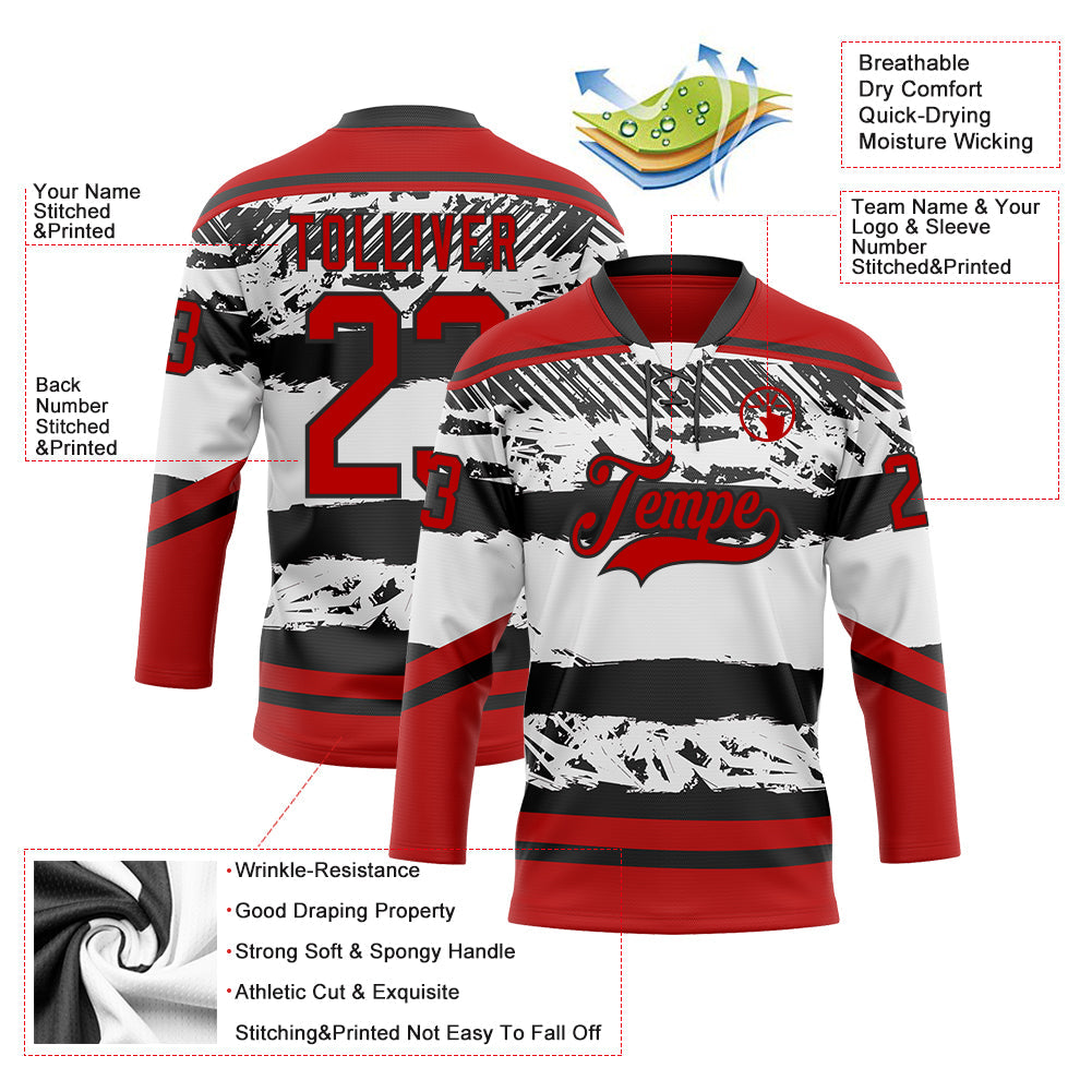 Custom White Red-Black Abstract Detroit Inspired Line Hockey Lace Neck Jersey view 5
